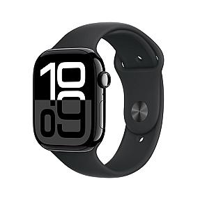 Side view of Apple Watch Series 10 black aluminium smartwatch with OLED display