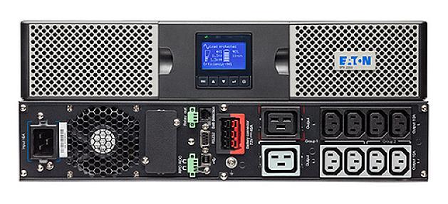 Eaton 9PX2200IRT2U black rackmount UPS front view with LCD display