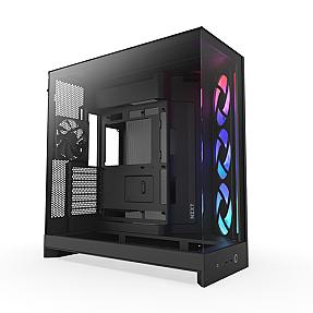 front view of NZXT H9 Flow RGB black midi tower PC with mesh panels and RGB lighting