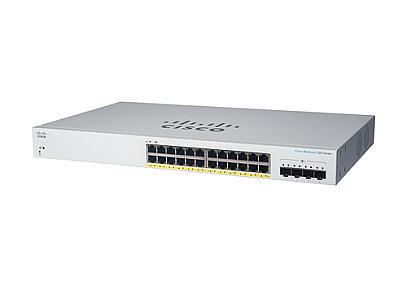 Cisco Business CBS220-24P-4G-UK managed switch front view showing 24 Gigabit Ethernet ports 4 SFP slots and PoE indicators