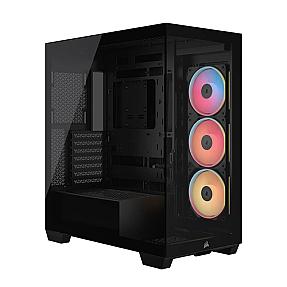 Corsair 3500X LXR LINK TG black midi tower PC with tempered glass panels  front view of Corsair 3500X showing USB Type-C and Type-A ports
