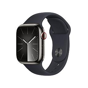 Side angle of Apple Series 9 smartwatch showing 41mm graphite case and touchscreen