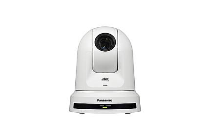 Panasonic AW-UE50WEJ indoor wired dome IP camera mounted on ceiling, white finish, 24x optical zoom, PTZ control, and built-in microphone for clear indoor video and audio surveillance