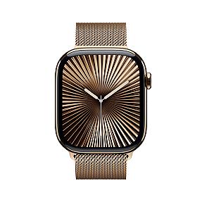 Apple Smartwatch Series 10 gold titanium smartwatch showing rectangular 46 mm case and gold band