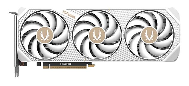Zotac RTX 5070 AMP graphics card front view with white cooling shroud