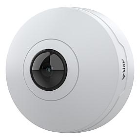 Axis M4327-P indoor dome camera mounted on a white ceiling showing 360-degree fisheye lens