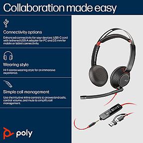 POLY Blackwire 5220 Stereo 3.5mm Plug +USB-C/A, Wired, Headset/Headphone, Black