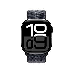 Apple Smartwatch Series 10 Jet Black aluminium case with Ink Sport Loop showing OLED display and GPS enabled screen
