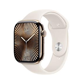 Gold Titanium Apple Smartwatch Series 10 showing rounded display corners and S/M band