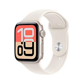 Apple Watch SE 3 44mm starlight aluminium smartwatch showing OLED touchscreen and side button