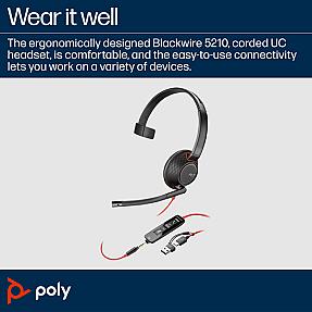 POLY Blackwire 5210 wired headset with 3.5mm plug and USB-C/A adapter