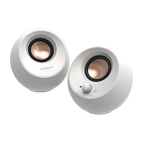 Creative Pebble V3 white speakers angled tabletop setup with USB-C connection