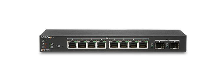 SonicWall SWS12-8POE L2 Gigabit PoE Managed Switch with 8 Gigabit RJ-45 ports and 2 SFP slots, designed for small businesses with PoE support for devices like phones, cameras, and access points