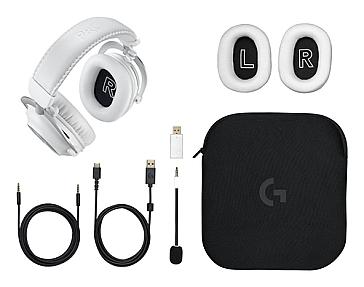 White Logitech G headset showing detachable boom microphone