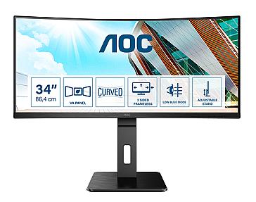 AOC P2 CU34P2A curved 34 inch monitor showing 3440 x 1440 Quad HD resolution