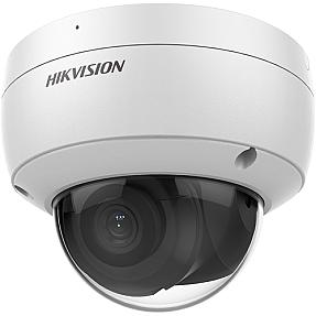 Hikvision DS-2CD2146G2-ISU outdoor IP dome camera mounted on a white wall, showing wide-angle view for home or business security