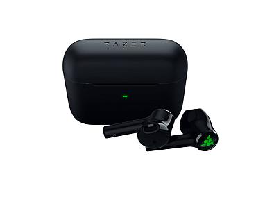 Razer Hammerhead X charging case with earbuds open top angle
