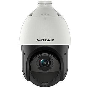 Hikvision DS-2DE4425IW-DE(T5) mounted on an outdoor wall, showing PTZ coverage with 25x optical zoom and 100 m night vision