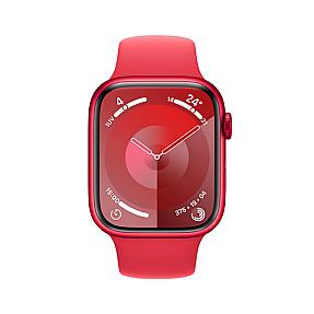Apple Smartwatch Series 9 red aluminium case close up on screen and band finish with GPS and Wi Fi support.