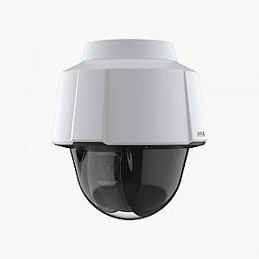 Axis 02413-001 outdoor PTZ security camera mounted on a pole with 30x optical zoom and infrared LEDs