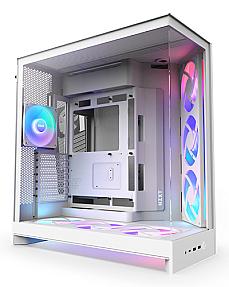 NZXT H9 Flow RGB+ white gaming PC tower showing dual-chamber design and airflow