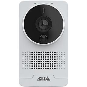 Axis 02350-001 indoor wired IP camera mounted on white wall showing lens and PIR sensor
