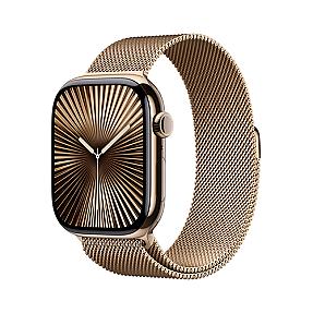 Side view of Apple Series 10 smartwatch showing gold titanium case and stainless steel strap