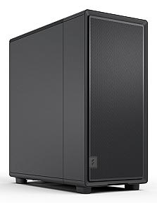 Fractal Design Epoch black solid midi tower shown from the front with clean lines. Solid steel panel highlights a minimal gaming focused design.