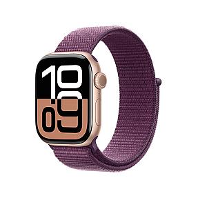 Purple strap Apple Series 10 smartwatch showing heart rate and activity tracker