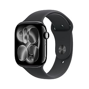 Apple Watch Series 11 Black Sport Band M/L highlighting Retina OLED display and slim black aluminium design