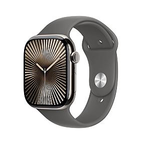 Apple Smartwatch Series 10 Natural Titanium case with Stone Grey band front view