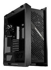 Fully assembled ASUS ROG Strix Helios II gaming PC case with RGB lighting enabled, designed for premium ROG showcase builds.