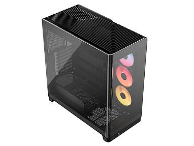 Corsair 4500X RS-R black mid-tower PC showing curved tempered glass panels clearly  side view of Corsair 4500X with RGB fans and unobstructed interior visibility