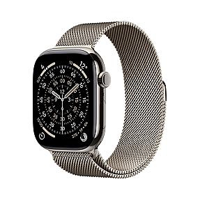 Apple Watch Series 11 natural titanium smartwatch side angle highlighting sapphire glass and slim titanium body.