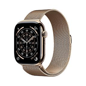 Apple Smartwatch Series 11 Gold Titanium Case with Gold Milanese Loop highlighting sapphire glass and gold stainless steel band.