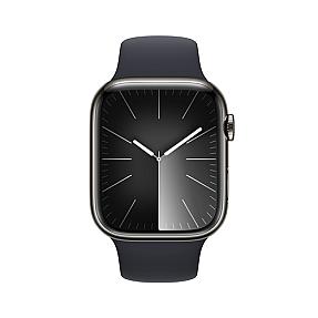 Apple Watch Series 9 GPS + Cellular 45mm graphite stainless steel case with midnight sport band front view