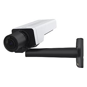 Axis P1387 indoor IP security camera mounted on ceiling showing 5 MP sensor and black-white housing