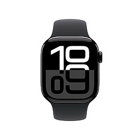 Apple Watch Series 10 GPS + Cellular 42mm jet black aluminium case with black sport band front view