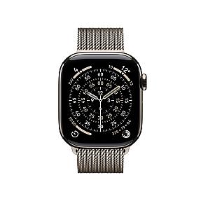 Apple Watch Series 11 GPS + Cellular 42mm with natural Milanese loop laid flat, titanium finish and Retina OLED screen