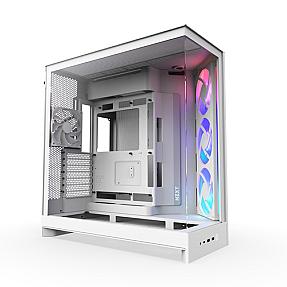 front view of NZXT H9 Flow RGB white midi tower PC with mesh panels for airflow