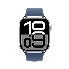 Apple Smartwatch Series silver aluminium case with blue S/M band showing OLED always on display