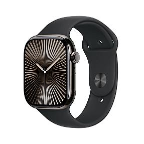 Apple Smartwatch Series 10 slate titanium case with black sport band showing always on OLED display front view