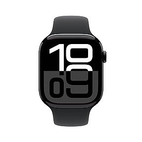 Apple Watch Series 10 GPS 46mm Jet Black aluminium case with black sport band front view OLED display