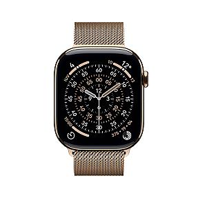 Apple Watch Series 11 Gold Titanium smartwatch with stainless steel band, water-resistant design.